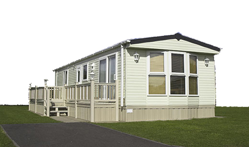 Mobile home elevated, with skirting and a front porch deck