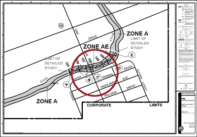 A section of a FlRM panel is circled to show the general area of a property.