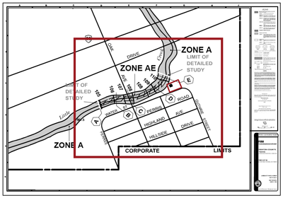 A specific property is highlighted on a flood insurance rate map panel.