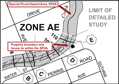 A portion of a Flood Insurance Rate Map panel showing that a portion of a property and structure are located in Zone AE.