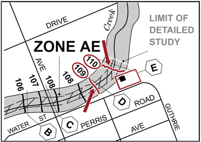 The base flood elevations (BFEs) lines closest to a property are highlighted on a Flood Insurance Rate Map panel. The BFE line showing 110 feet is closest to property and structure.