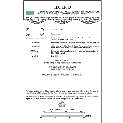 A portion of the FIRM/DFIRM legend, showing symbols for cross sections, coordinates, and the map scale. Refer to the appendix for the full text of the legend.