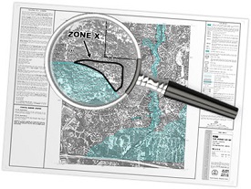 Example of an updated FIRM with magnifying glass showing Zone X outlined.