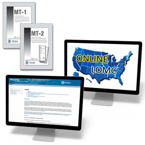 Collage of three ways to submit a LOMR: two paper forms and one online portal.