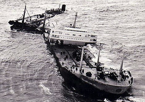 Oil tanker sinking in the ocean