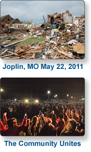 Image 1: Joplin, Mo., May 22, 2011 – Homes were leveled by an F5 tornado, Image 2: The Community Unites - Joplin residents unite to remember and recover from the historic tornado