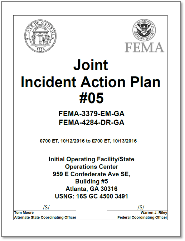 FEMA Joint Incident Action Plan 5, FEMA-3379-EM-GA, FEMA-4284-DR-GA cover