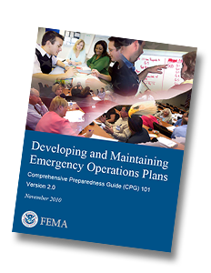 Image of the cover of the FEMA publication Developing and Maintaining Emergency Operations Plans - Comprehensive Preparedness Guide (CPG) 101, November, 2010.