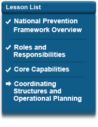 Lesson List - National Prevention Framework Overview (complete); Roles and Responsibilities (complete); Core Capabilities (complete); Coordinating Structures and Operational Planning (current)