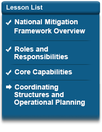 Lesson List - National Mitigation Framework Overview (Completed); Roles and Responsibilities (Completed); Core Capabilities (Completed); Coordinating Structures and Operational Planning (Current)