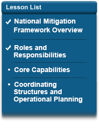 Lesson List - National Mitigation Framework Overview (Completed); Roles and Responsibilities (Completed); Core Capabilities; Coordinating Structures and Operational Planning