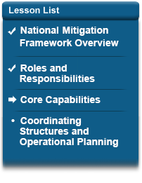 Lesson List - National Mitigation Framework Overview (Completed); Roles and Responsibilities (Completed); Core Capabilities (Current); Coordinating Structures and Operational Planning