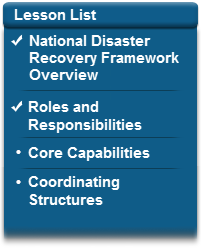 Checkmark next to National Disaster Recovery Framework Overview, checkmark next to Roles and Responsibilities, bullet next to Core Capabilities, bullet next to Coordinating Structures.