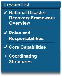 Checkmark next to National Disaster Recovery Framework Overview, checkmark next to Roles and Responsibilities, checkmark next to Core Capabilities, bullet next to Coordinating Structures.