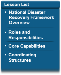 Lesson list showing National Disaster Recovery Framework Overview, Roles and Responsibilities, Core Capabilities, Coordinating Structures.
