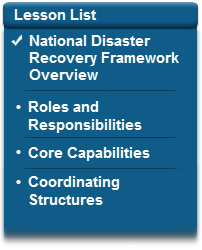 Checkmark next to National Disaster Recovery Framework Overview, bullet next to Roles and Responsibilities, bullet next to Core Capabilities, bullet next to Coordinating Structures.