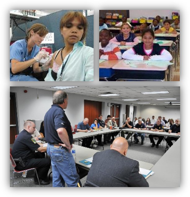 Patient receiving a shot from a medical staff; Kids sitting at their desks; multi-agency meeting in U-shape desk