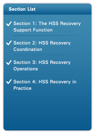 List of sections - Section 1: The HSS Recovery Support Function (checkmark), Section 2: HSS Recovery Coordination (checkmark), Section 3: HSS Recovery Operations (checkmark), Section 4: HSS Recovery in Practice (checkmark)