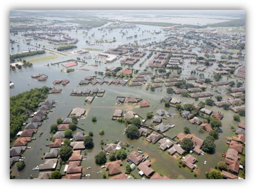 Aerial view of homes in flood