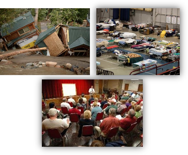 Home being destroyed by flood; temporary disaster shelter, town meeting