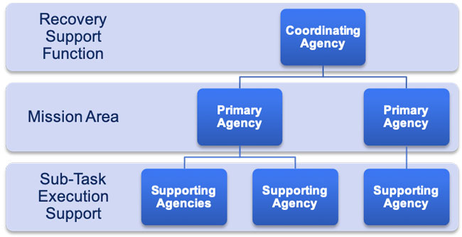 Federal HSS RSF organizational chart showing Recovery Support Function (Coordinating Agency), Mission Area (Primary Agency and Primary Agency), and Sub-Task Execution Support (Supporting Agencies, Supporting Agency, and Supporting Agency)