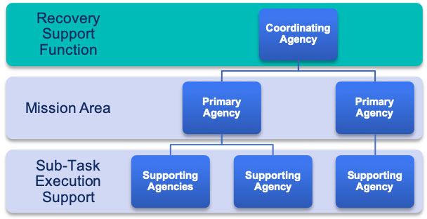 Federal HSS RSF organizational chart showing Recovery Support Function (Coordinating Agency) (highlighted), Mission Area (Primary Agency and Primary Agency), and Sub-Task Execution Support (Supporting Agencies, Supporting Agency, and Supporting Agency)