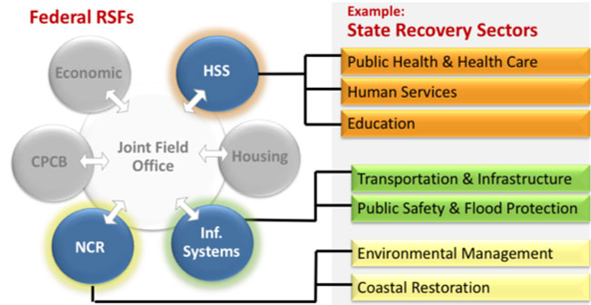 A chart showing Joint Field Office in the middle, with six elements around - Economic, HSS (Example: State Recovery Sectors; Public Health & Health Care, Human Services, and Education), Housing, Inf. Systems (Example: Transportation & Infrastructure, and Public Safety & Flood Protection), NCR (Example: Environmental Management, and Coastal Restoration), CPCB