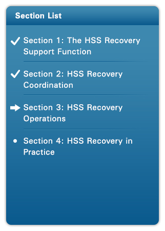 List of sections – Section 1: The HSS Recovery Support Function (checkmark), Section 2: HSS Recovery Coordination (checkmark), Section 3: HSS Recovery Operations (arrow), Section 4: HSS Recovery in Practice