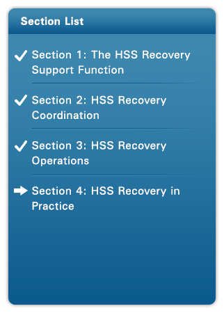 List of sections - Section 1: The HSS Recovery Support Function (checkmark), Section 2: HSS Recovery Coordination (checkmark), Section 3: HSS Recovery Operations (checkmark), Section 4: HSS Recovery in Practice (arrow)