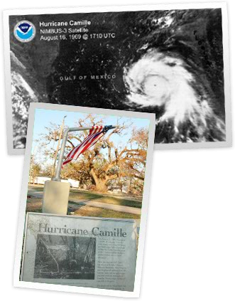 Hurricane Camille, and a newspaper headlining Hurricane Camille under a broken flag pole