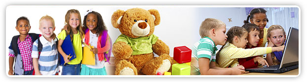 collage of children smiling, a teddy bear, and children on a computer