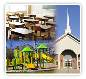 Photo collage of a class room, play ground, and church building.