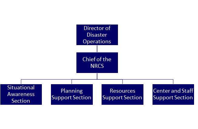 NRCC Structure: Level 1: Director of Disaster Operations. Level 2: Chief of the NRCS. Level 3: Situational Awareness Section; Planning Support Section; Resources Support Section; Center and Staff Support Section